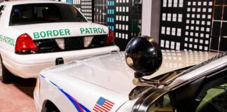 Police patrol cars parked indoors with cityscape backdrop