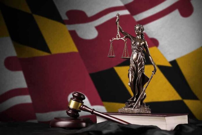 Lady Justice statue with gavel and book before a colorful flag backdrop