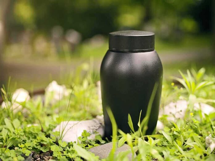 shutterstock_2493436559 Black urn placed on greenery outdoors