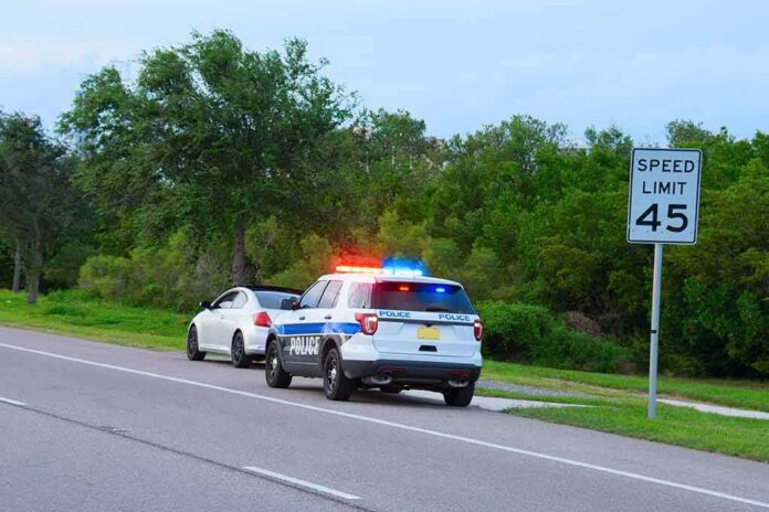 Police SUV with lights on behind a white car on roadside near 45 mph sign