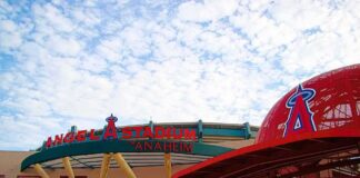 Angel Stadium entrance with large red baseball cap sculpture