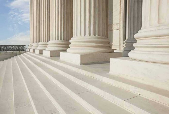 Marble columns and steps of a neoclassical building