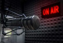 Close-up of a studio microphone with an illuminated on-air sign