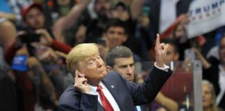 Donald Trump gestures with one hand raised at a crowded event