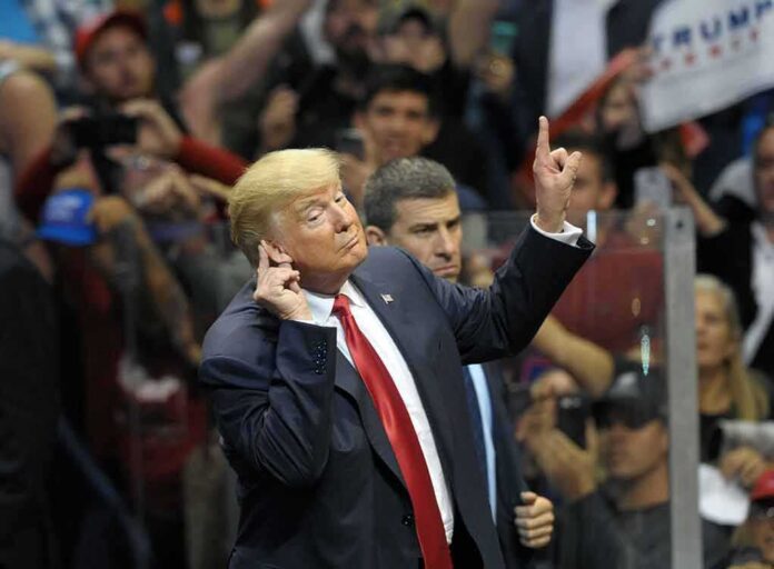 Donald Trump gestures with one hand raised at a crowded event