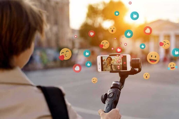Person livestreaming with smartphone on gimbal outdoors