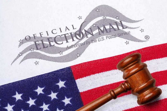 Gavel on U.S. flag beside official election mail envelope