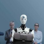 Musk Teases Jobless Abundance – At What Cost? Jan-Peter Nikiferow seated with a humanoid robot holding a briefcase in front