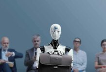 Musk Teases Jobless Abundance – At What Cost? Jan-Peter Nikiferow seated with a humanoid robot holding a briefcase in front