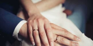 Hands with wedding rings resting together