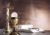 Golden chalice with communion wafer and rosary